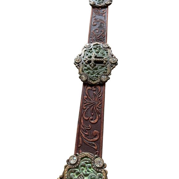 Tony Lama Brown Tooled Leather Swarovski Crystals Concho Cross Western Belt 34 - Picture 5 of 5